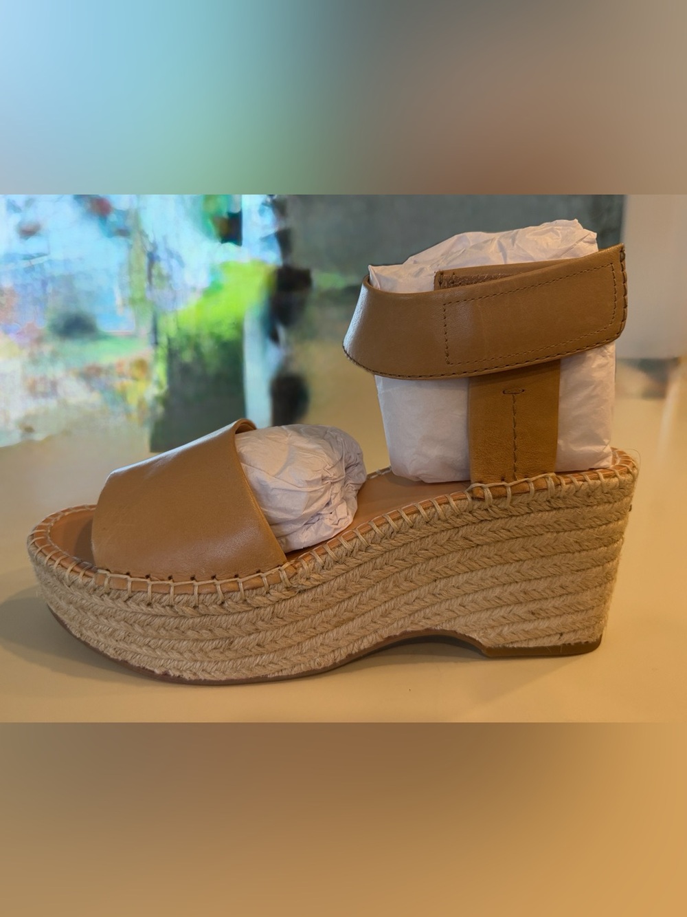 New In Box Frye Tan Leather Espadrille Wedge Sandals